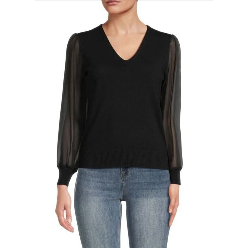 Line Knitwear Women's Sheer Insets V-Neck Sweater in Black‎ Caviar Large $120